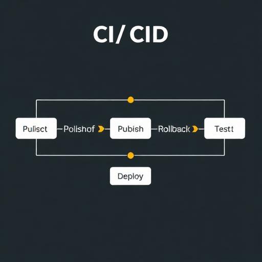 CI/CD pipeline graphic showing build, test, publish, deploy, rollback