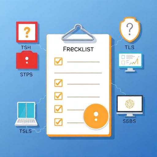 Security checklist illustration showing firewall, SSH keys, TLS, monitoring