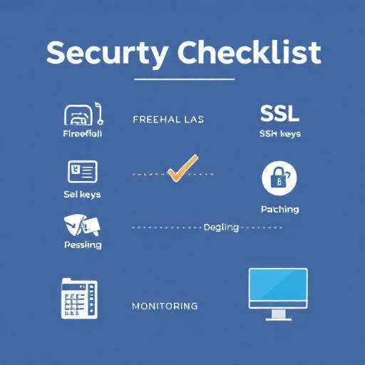 Security checklist visual with firewall, SSH keys, SSL, patching, monitoring icons