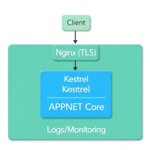 Architecture diagram: Client &rarr; Nginx (TLS) &rarr; Kestrel ASP.NET Core &rarr; Logs/Monitoring