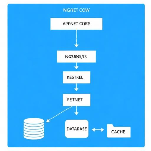 Diagram showing ASP.NET Core request flow via Nginx/IIS to Kestrel, then to database/cache