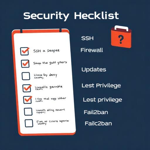 Security checklist illustration: SSH keys, firewall, updates, fail2ban, least privilege