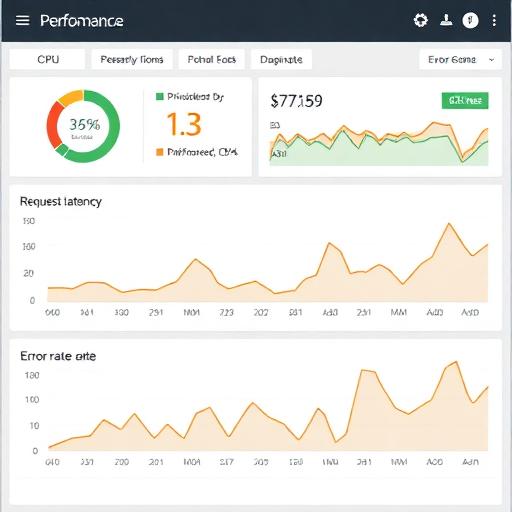 Performance dashboard showing CPU, RAM, request latency, and error rate
