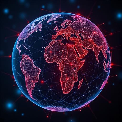 A globe with interconnected digital lines, symbolizing global tech and geopolitical interconnectedness, with a subtle overlay of tension or disruption.