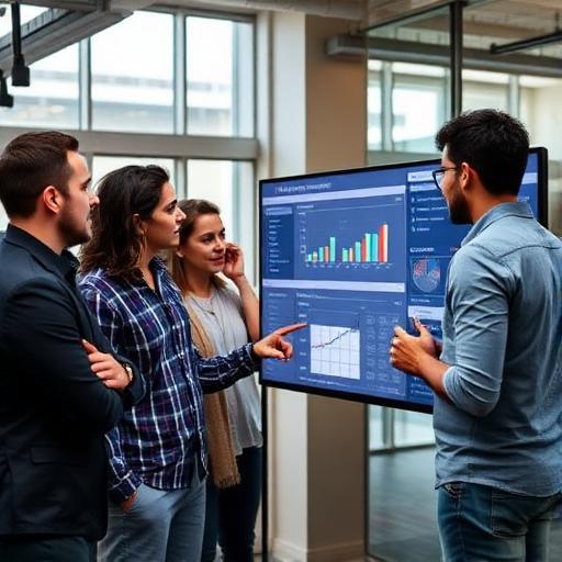 A diverse group of tech professionals, including CTOs and developers, in a modern, collaborative office setting. They are looking at a large screen displaying data visualizations related to election analytics and e-governance dashboards. One person points to a specific data point, while others nod in understanding, emphasizing strategic decision-making.